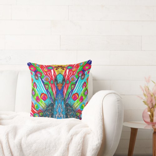 Beautiful and Colorful Watercolor Peacock Throw Pillow