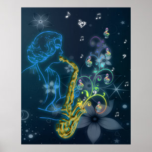 Beautiful and cool Glowing blue lady playing music Poster