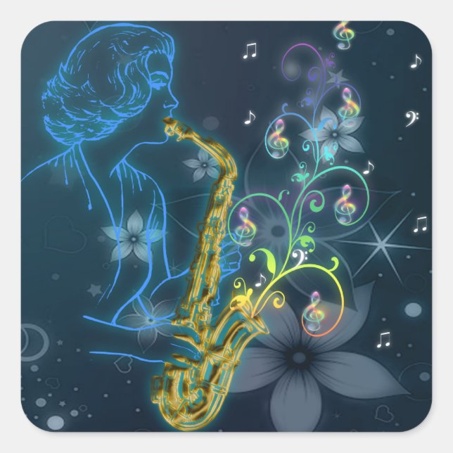 Beautiful and cool Glowing blue lady playing music Square Sticker (Front)
