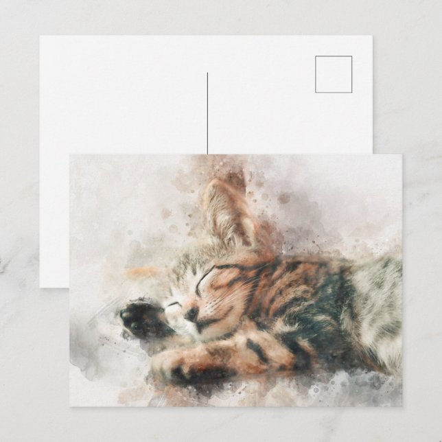 Beautiful and cute kitten sleeping watercolor postcard (Front/Back)