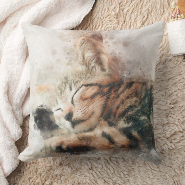 Beautiful and cute kitten sleeping watercolor throw pillow (Blanket)