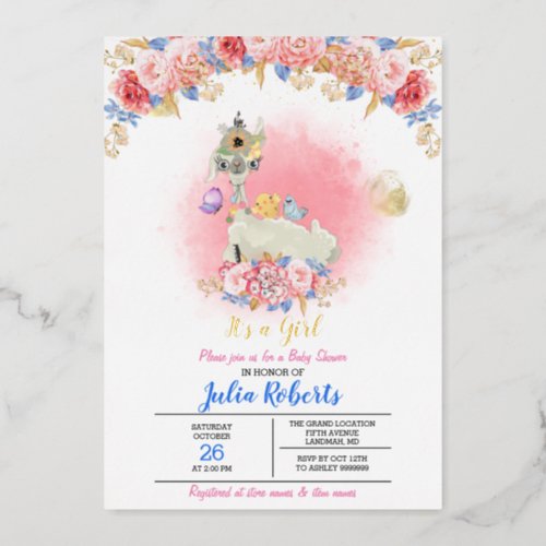 Beautiful and Cute Llama and Girl Baby Shower Foil Invitation