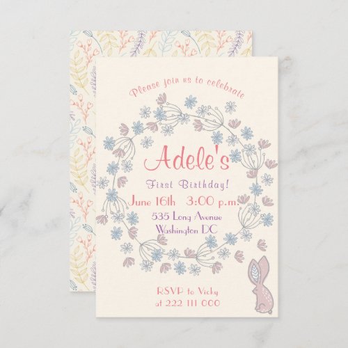 Beautiful and simple girls 1ST birthday Floral Invitation