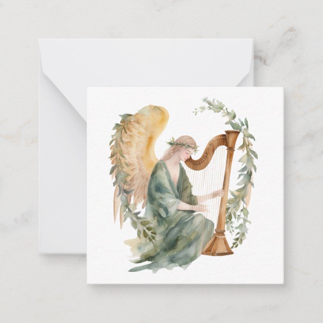 Beautiful Angel Playing Harp Watercolor Note Card (Front)