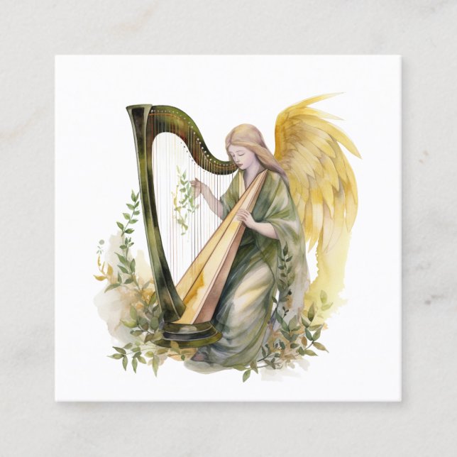 Beautiful Angel Playing Harp Watercolor Square Business Card (Front)