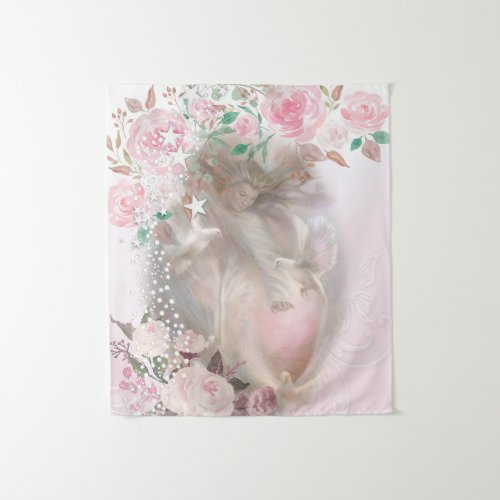 Beautiful Angel with Doves and Pink Roses Tapestry