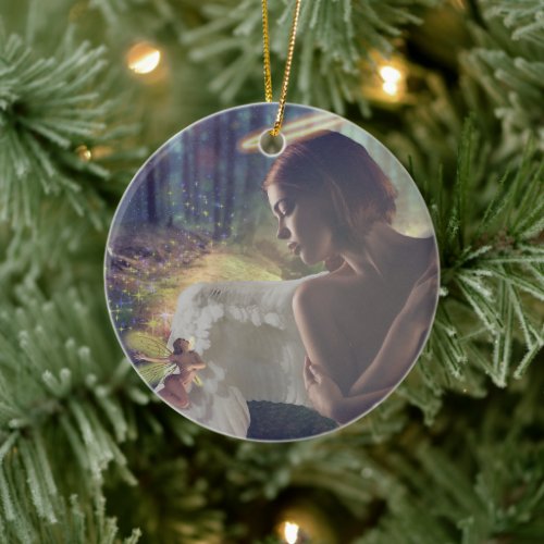 Beautiful Angel with Fairy Fantasy Art Ceramic Ornament