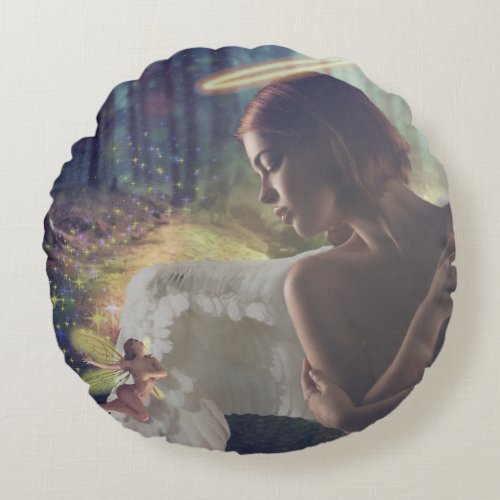 Beautiful Angel with Fairy Fantasy Art Round Pillow