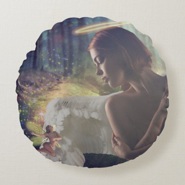 Beautiful Angel with Fairy Fantasy Art Round Pillow (Front)