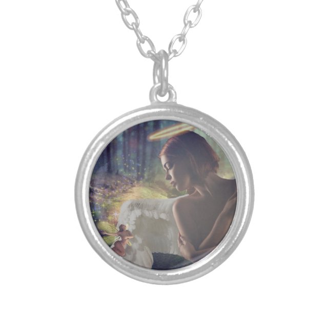 Beautiful Angel with Fairy Fantasy Art Silver Plated Necklace (Front)