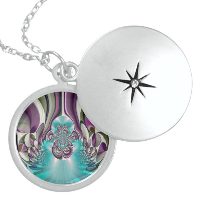 Beautiful Angelic Purple and Cyan Abstract Print Locket Necklace (Front)