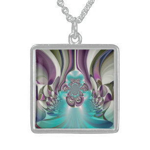 Beautiful Angelic Purple and Cyan Abstract Print Sterling Silver Necklace