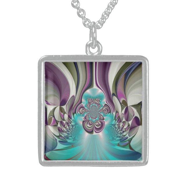 Beautiful Angelic Purple and Cyan Abstract Print Sterling Silver Necklace (Front)