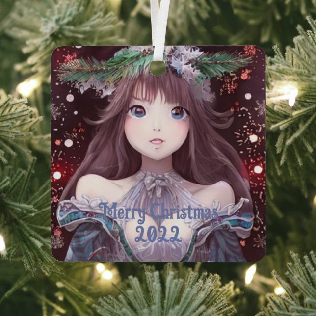 Beautiful Anime Christmas Girl Metal Ornament (Insitu)