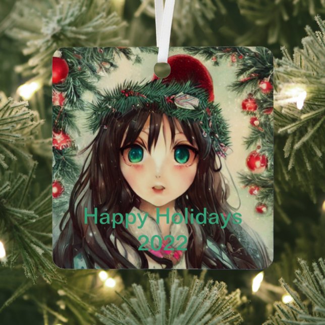 Beautiful Anime Christmas Girl Metal Ornament (Insitu)