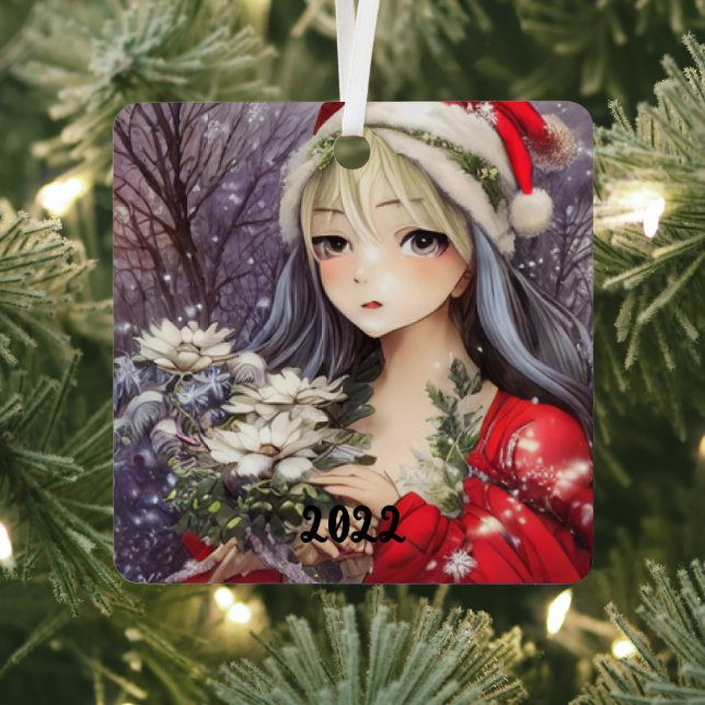 Beautiful Anime Christmas Girl Metal Ornament (Insitu)