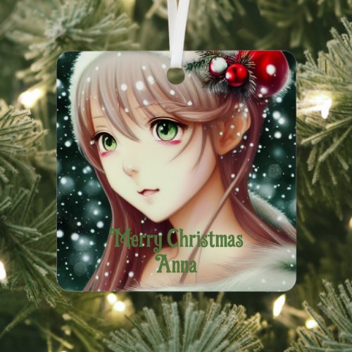 Beautiful Anime Christmas Girl Metal Ornament
