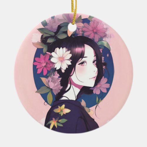 Beautiful Anime Girl Crowned with Flowers Ceramic Ornament