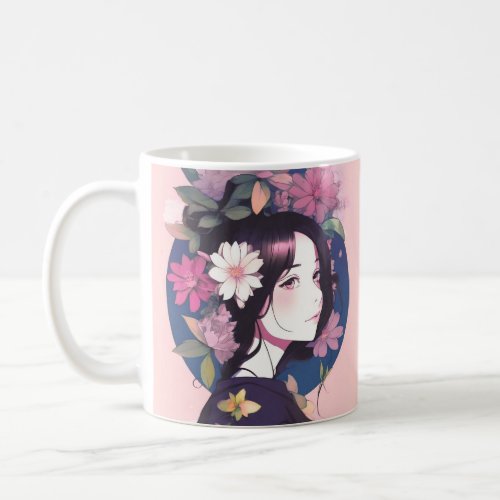 Beautiful Anime Girl Crowned with Flowers Coffee Mug