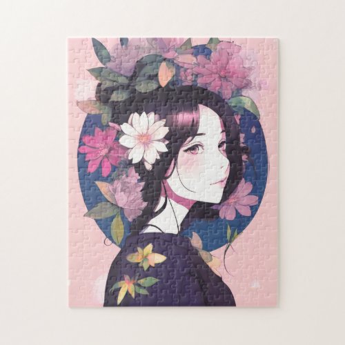 Beautiful Anime Girl Crowned with Flowers Jigsaw Puzzle