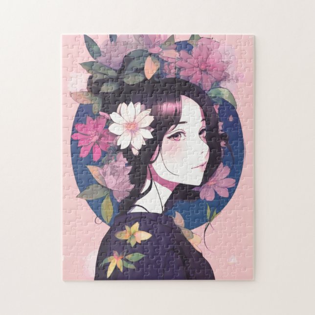 Beautiful Anime Girl Crowned with Flowers Jigsaw Puzzle (Vertical)