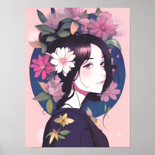 Beautiful Anime Girl Crowned with Flowers Poster