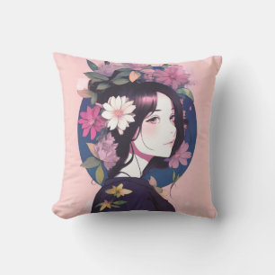 Beautiful Anime Girl Crowned with Flowers Throw Pillow