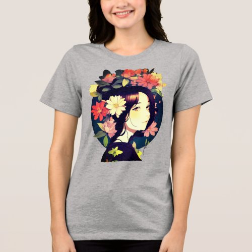 Beautiful Anime Girl Crowned with Flowers Tri_Blend Shirt