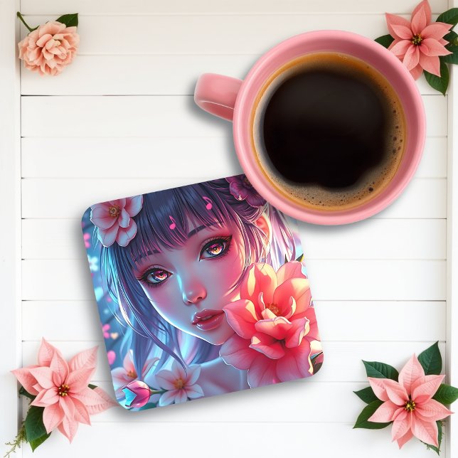 Beautiful Anime Girl Glitchcore Floral Beverage Coaster (Creator Uploaded)