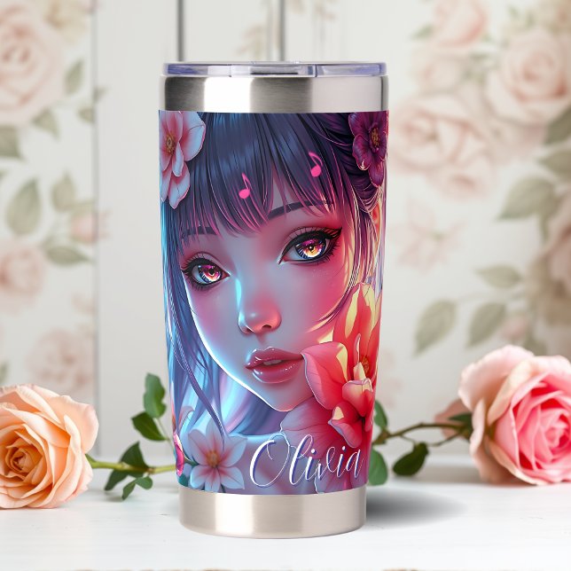 Beautiful Anime Girl Glitchcore Floral Insulated Tumbler (Creator Uploaded)