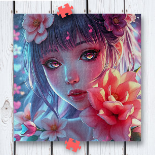 Beautiful Anime Girl Glitchcore Floral Jigsaw Puzzle