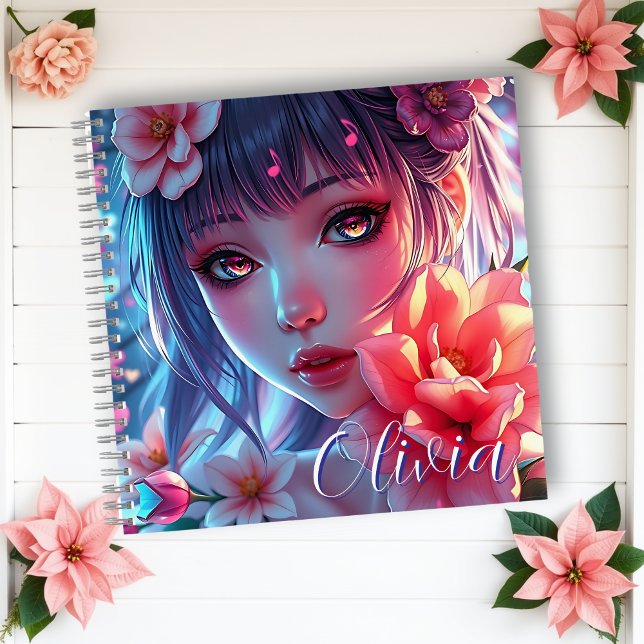 Beautiful Anime Girl Glitchcore Floral Notebook (Creator Uploaded)