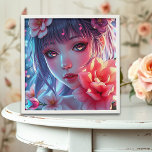 Beautiful Anime Girl Glitchcore Floral Peel And Stick Photo Tile