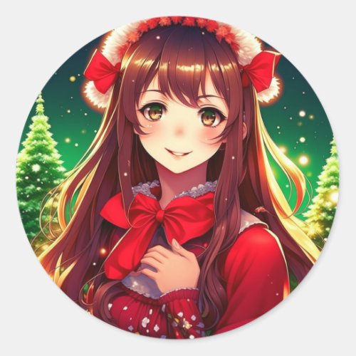 Beautiful Anime Girl in Festive Red Christmas Classic Round Sticker