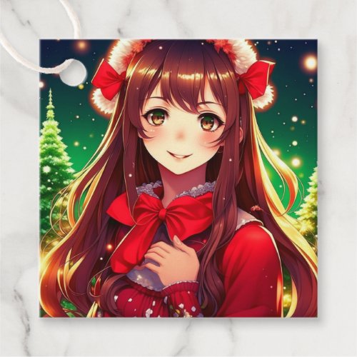 Beautiful Anime Girl in Festive Red Christmas Favor Tags