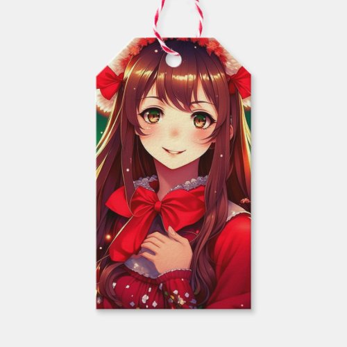Beautiful Anime Girl in Festive Red Christmas Gift Tags