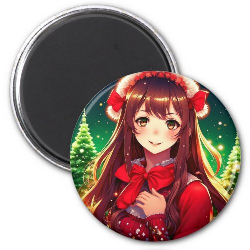 Beautiful Anime Girl in Festive Red Christmas Magnet