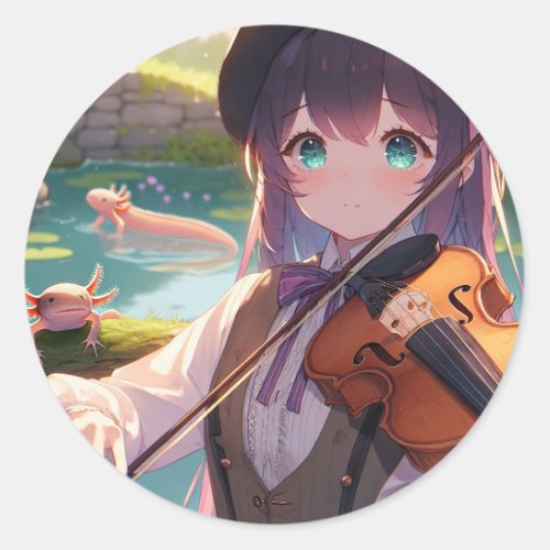 Beautiful Anime Girl Playing the Violin  Classic Round Sticker