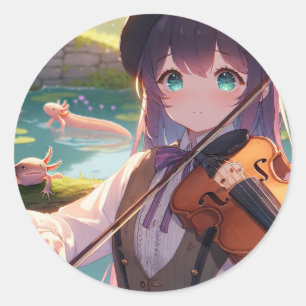 Beautiful Anime Girl Playing the Violin Classic Round Sticker