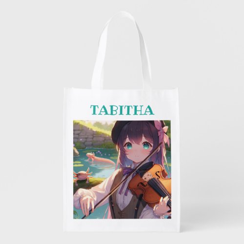 Beautiful Anime Girl Playing the Violin  Grocery Bag