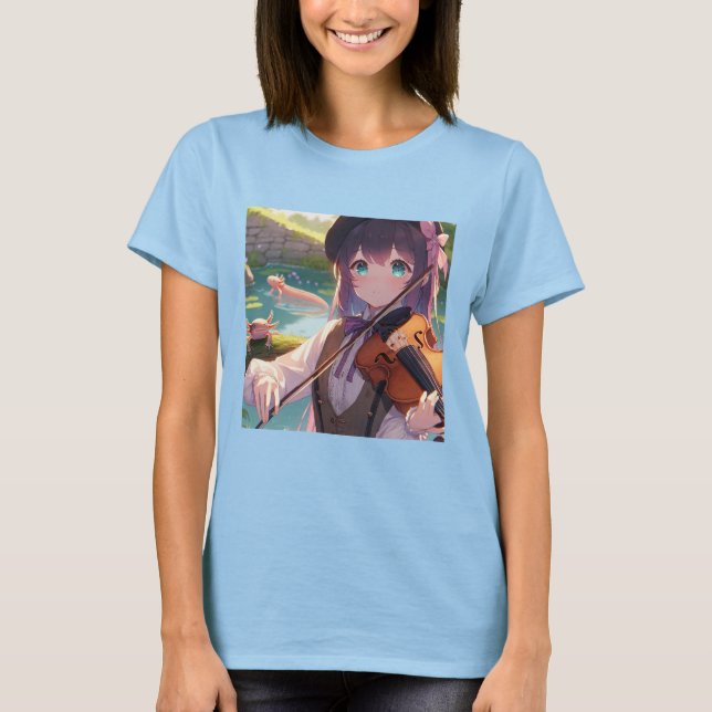 Beautiful Anime Girl Playing the Violin  T-Shirt (Front)