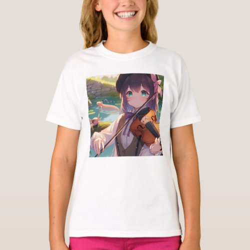 Beautiful Anime Girl Playing the Violin  T_Shirt