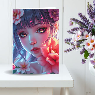 Beautiful Anime Girl Thinking of You Card