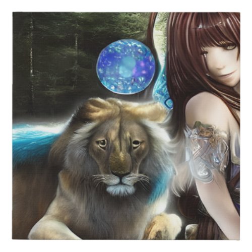 Beautiful Anime Girl Warrior with Majestic Lion  Faux Canvas Print