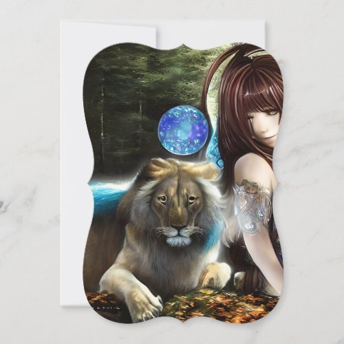 Beautiful Anime Girl Warrior with Majestic Lion  Note Card