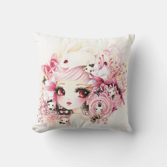 Beautiful anime girl with cute bunnies and flowers throw pillow (Front)