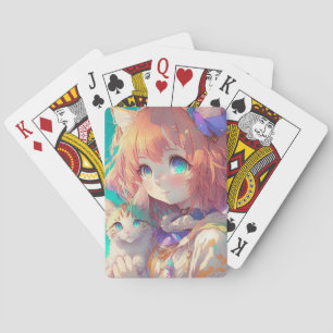 Beautiful Anime Girl with Cute Kitten Poker Cards