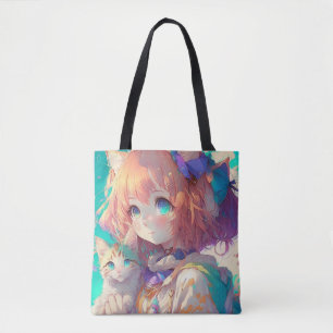 Beautiful Anime Girl with Cute Kitten Tote Bag