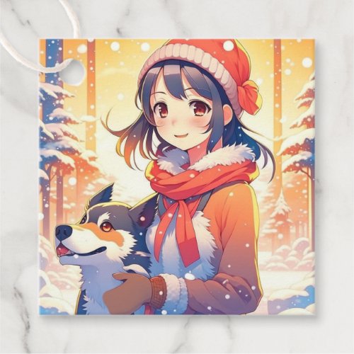 Beautiful Anime Girl with Husky Dog Christmas Favor Tags