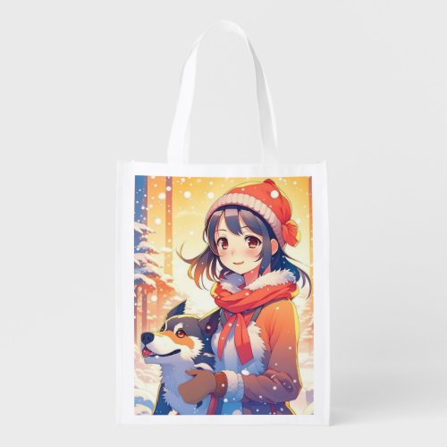 Beautiful Anime Girl with Husky Dog Christmas Grocery Bag